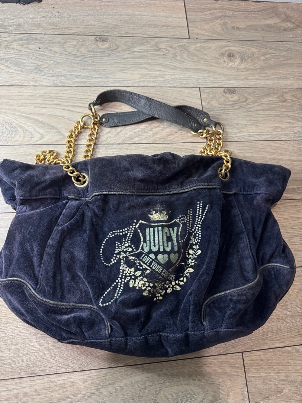 Juicy Couture Navy Suede Tote with Gold Chain Handles